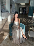 Niulatu Lace Layered A Line Evening Dress Spaghetti Straps Slit Prom Dress HZ1007