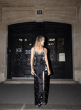 Niulatu Black Satin Beaded Slit Prom Dress Spaghetti Straps Sheath Evening Gown HZ1007