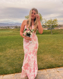 Niulatu Pink Satin Print Floral Evening Dress Mermaid Prom Dress HZ1007