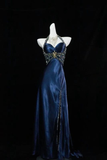 Niulatu Halter Satin Beaded Slit Evening Dress Formal Party Prom Dress HZ1007
