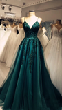 Niulatu Green Spaghetti Straps Tulle Lace Appliques Prom Dress Evening Gown HZ1007