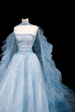 Niulatu Blue Tulle Beaded A Line Prom Dress Long Evening Dress HZ1007