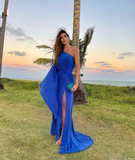Niulatu Blue One Shoulder Long Evening Dress With Slit Wedding Guest Outfit HZ1007