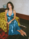 Niulatu V Neck Slit Prom Dress Blue Evening Dress HZ1007