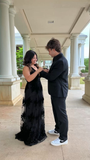 Niulatu A-line V Neck Prom Dress Black Evening Gown HZ1007