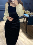 Niulatu V-Neck Elegant Black Stitching Velvet Dress Female Retro High Waist Puff Sleeves Evening Dress HZ1007