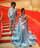 Niulatu Blue Velvet Silver Crystal Evening Dress Luxurious Evening Gown HZ1007