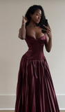 Niulatu A Line Straps Burgundy Satin Long Prom Dress Evening Dress HZ1007