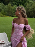 Niulatu A Line Off the Shoulder Pink Print Floral Satin Vacation Dress Outfits with Slit HZ0113