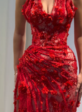 Niulatu Red Sheath V Neck Beaded 3D Floral Lace Prom Dress Evening Dress HZ0113