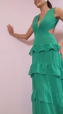 Niulatu Green Deep V Neck Layered Ruffles Evening Dress Backless Long Prom Dress HZ1007
