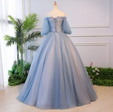 Niulatu blue tulle lace long prom dress blue evening dress HZ1007