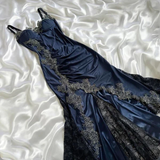 Niulatu Navy Blue Satin Lace Appliques Mermaid Evening Dress Prom Dress HZ1007