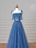 Niulatu Blue Spaghetti Straps Tulle Sequins A Line Prom Dress Evening Dress HZ1007