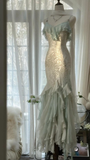Niulatu Mint Green Temperament Mermaid Spaghetti Strap Chiffon Beaded Evening Dress Formal Prom Dress HZ1007