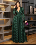 Niulatu Green Deep V Neck Evening Dress With Long Sleeves HZ1007