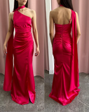 Niulatu One Shoulder Hot Pink Satin Sheath Prom Dress Long Evening Dress HZ1007