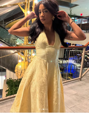 Niulatu Halter Deep V Evening Dress Yellow Satin Print Prom Dress HZ1007
