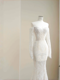Niulatu White Lace Appliques Tulle Sequin Mermaid Prom Dress Off Shoulder Evening Dress HZ1007