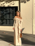 Niulatu Off The Shoulder Ruffles Cream Long Prom Dress Slit Party Evening Dress HZ1007