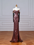 Niulatu Off The Shoulder Satin Appliques Long Prom Dress Mermaid Slit Evening Dress HZ1007