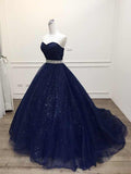 Niulatu Navy Blue Tulle Strapless Long Sequins Prom Dress, Evening Dress HZ0113