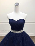 Niulatu Navy Blue Tulle Strapless Long Sequins Prom Dress, Evening Dress HZ0113
