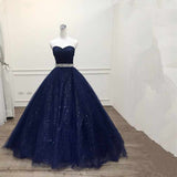 Niulatu Navy Blue Tulle Strapless Long Sequins Prom Dress, Evening Dress HZ0113