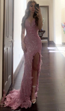 Niulatu Pink Sequins Lace Feathers Mermaid Evening Dress Slit Prom Dress HZ1007