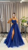 Niulatu Spaghetti Straps Dark Blue Long Evening Dress with Slit HZ1007
