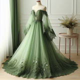 Niulatu Off The Shoulder Tulle Lace Applique Evening Dress Green Long Prom Dress HZ1007