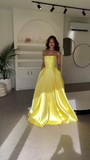 Niulatu Yellow Satin Strapless A Line Prom Dress Long Evening Gown With Pockets HZ1007