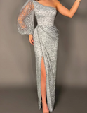 Niulatu Silver Gray One Shoulder Sequin Sheath Long Prom Dress Slit Evening Dress HZ1007