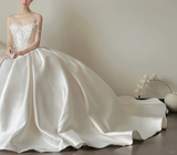 Niulatu Pearl Ball Gown Strapless Lace Satin Long 16th Birthday Dress Wedding Dress HZ0113