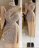 Niulatu Sequin Evening Dress Side Slit Prom Dress One Shoulder Tassels Custom Made HZ1007