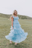 Niulatu Sky Blue Sequare Neck Tiered Tulle Evening Dress Long Prom Dress HZ0113