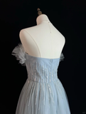 Niulatu Blue Tulle Sequins Beaded ALine Prom Dress Evening Dress HZ1007