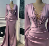 Niulatu Purple Prom Dress Long Sleeve Illusion V-neck Mermaid Evening Dress Floor Length HZ1007