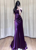 Niulatu Shoulder Purple Satin Long Evening Dress HZ1007