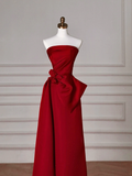 Niulatu Red Satin Strapless Prom Dress A Line Formal Evening Dress HZ1007