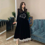 Niulatu Velvet Formal Evening Dresses Women V Neck Long Sleeves Beads White Tulle Bottom Party Gowns HZ1007