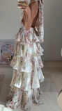 Niulatu Chiffon Print Floral A Line Backless Prom Dress V Neck Halter Layered Evening Dress HZ1007