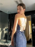 Niulatu Navy Blue V Neck Slit Evening Dress Long Prom Dress HZ1007