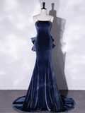 Niulatu Velvet Blue Long Prom Dresses Blue Velvet Long Evening Dress HZ1007