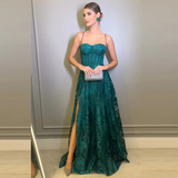 Niulatu Evening Dresses Spaghetti Straps Prom Dresses Backless Lace A-Line Sleeveless Party Gown HZ1007