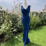 Niulatu Fashion Mermaid V Neckline Navy Blue Floor Length Evening Dress Prom Dresses SD1881
