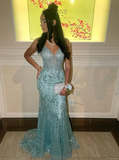 Niulatu Spaghetti Straps Lace Appliques Evening Dress Mermaid Prom Dress HZ1007