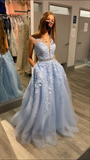 Niulatu blue v-neck long A-line prom dress new arrive evening dress HZ1007