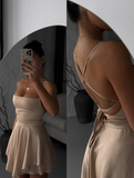 Niulatu White A Line Spaghetti Strap Satin Short Homecoming Dress Cocktail Dress HZ0113