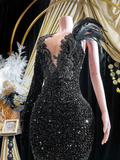 Niulatu Sequins Rhinestone Applique Long Sleeve Mermaid Prom Dress Evening Dress HZ1007